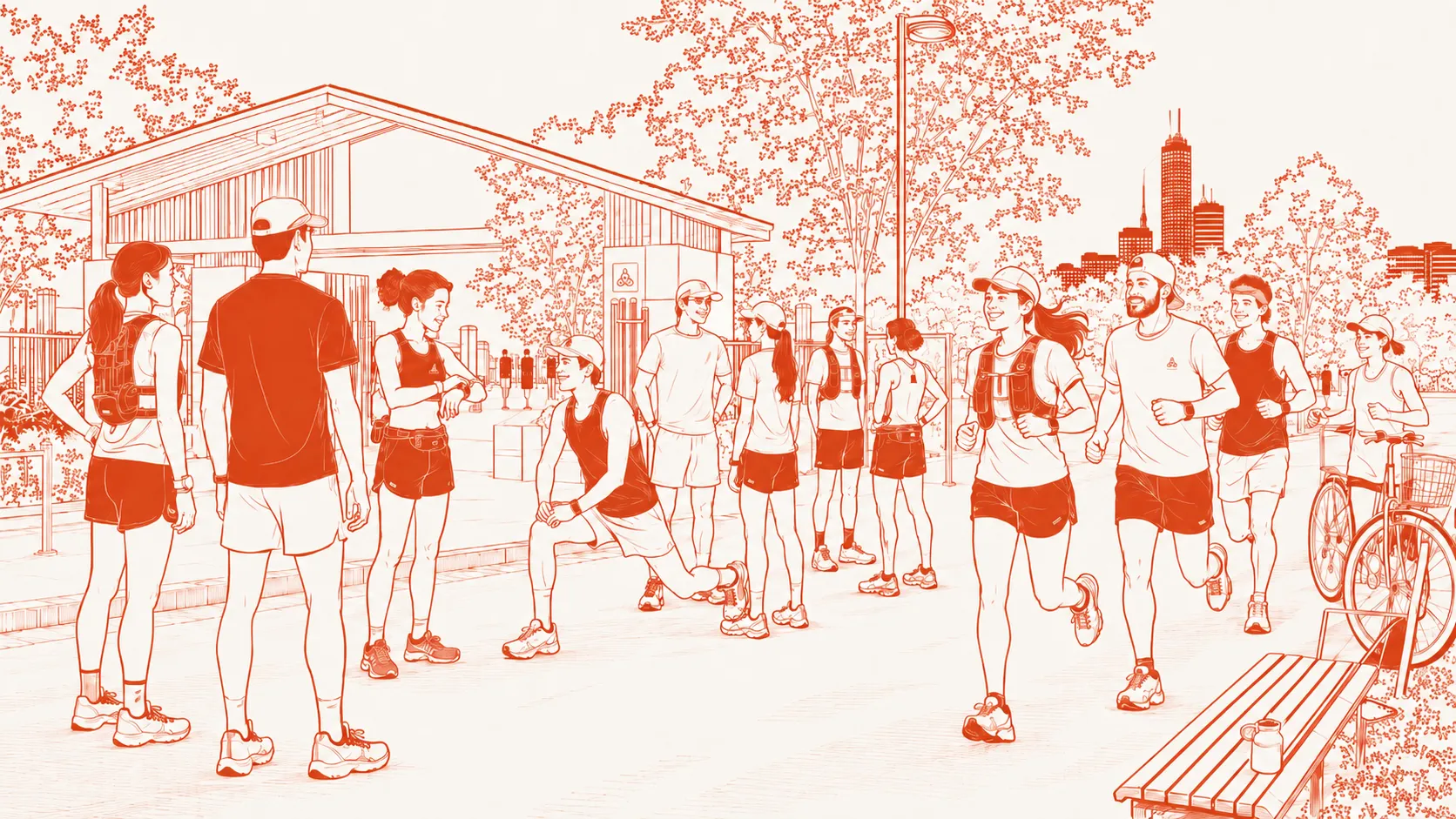 Illustration of 080Tokyo run club members gathered at Yoyogi Park's Harajuku Gate in Tokyo for their weekly Monday evening group run.