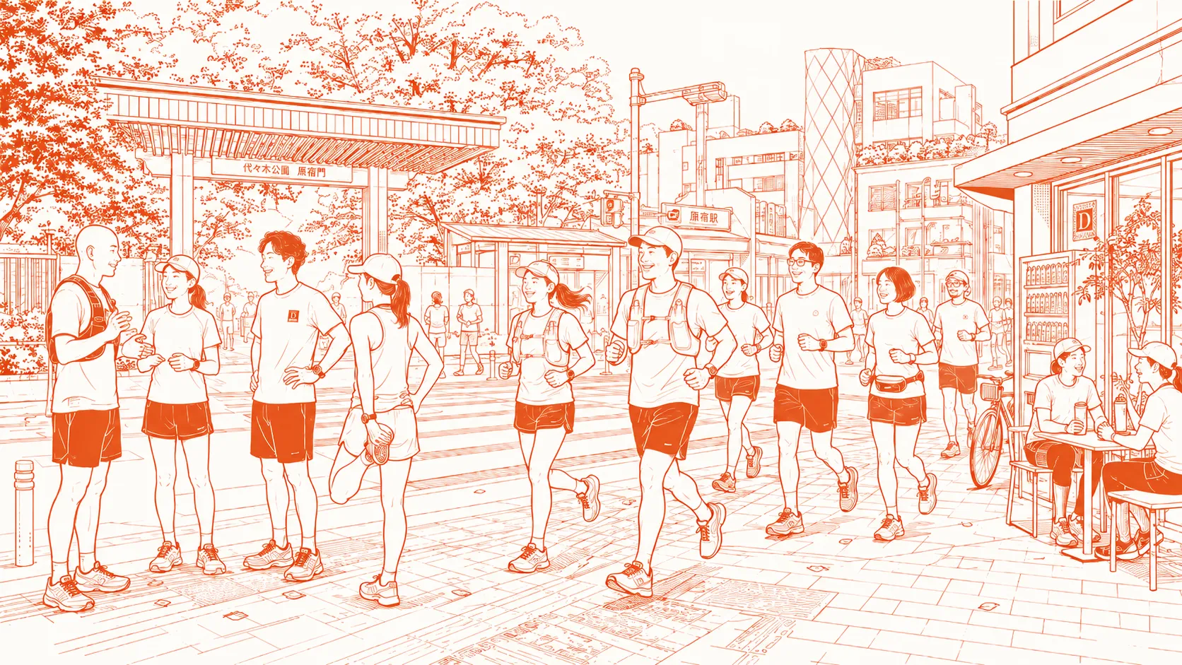 Illustration of Doyou Club runners passing through Harajuku near Yoyogi Park in Tokyo during their weekly Saturday morning group run.