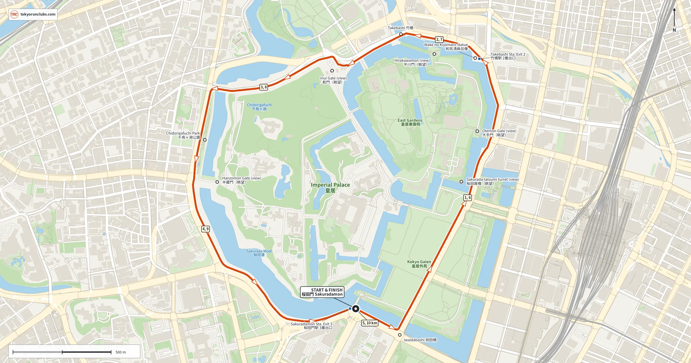 Map of a 10K route of two counterclockwise laps around the Imperial Palace moats from Sakuradamon Gate, past Takebashi, Chidorigafuchi and Hanzomon, with kilometer markers 1 to 10.