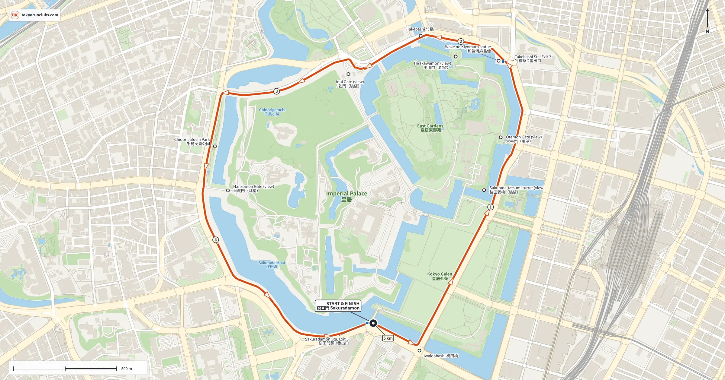 Map of a 5K counterclockwise loop around the Imperial Palace moats from Sakuradamon Gate, past Takebashi, Chidorigafuchi and Hanzomon, with kilometer markers 1 to 4.