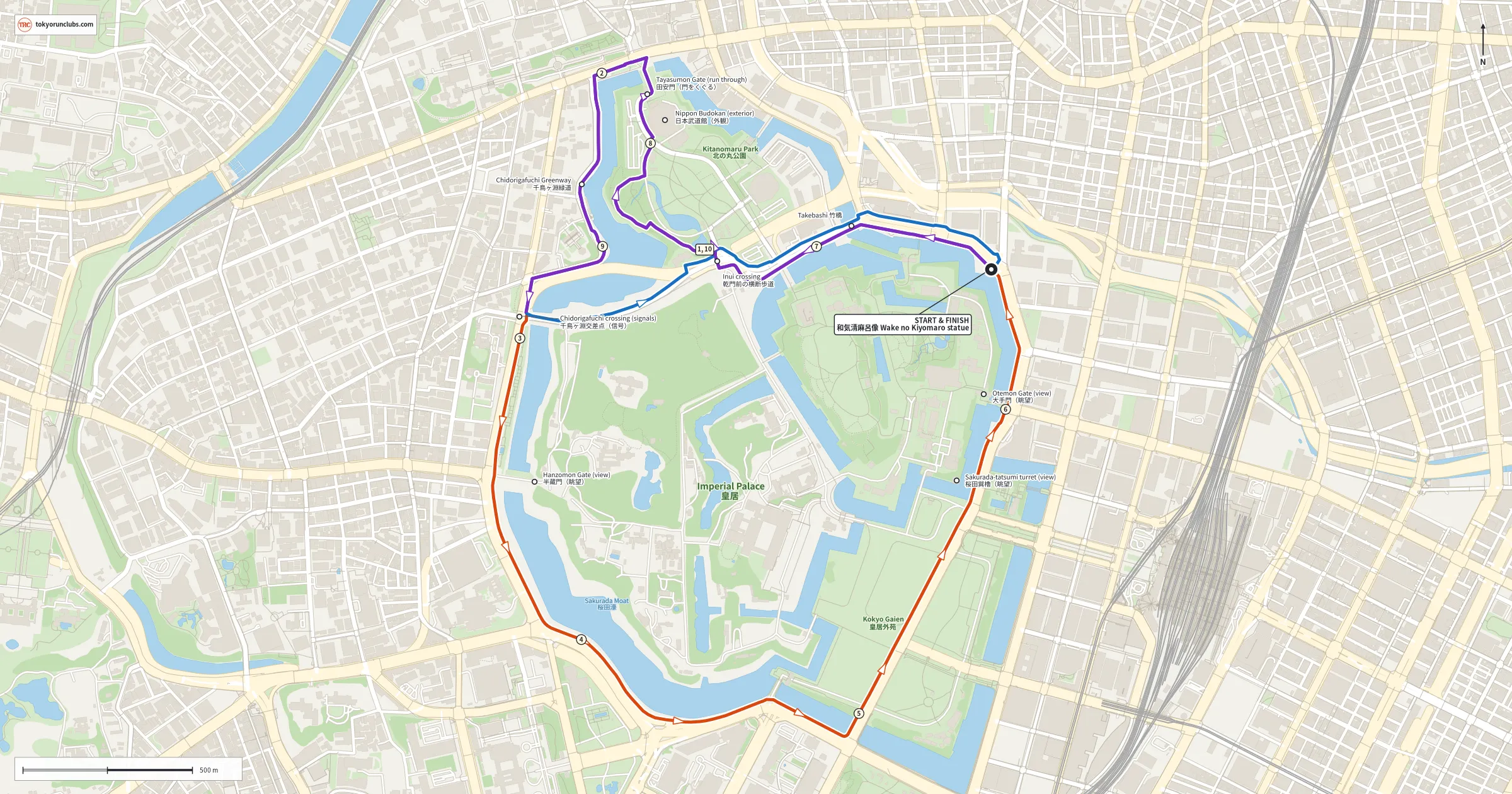 Map of a 10K route from the Wake no Kiyomaro statue at Takebashi, with a first circuit through Kitanomaru Park and around the palace moats, and a second circuit through the park and along the Chidorigafuchi Greenway, with kilometer markers 1 to 10.