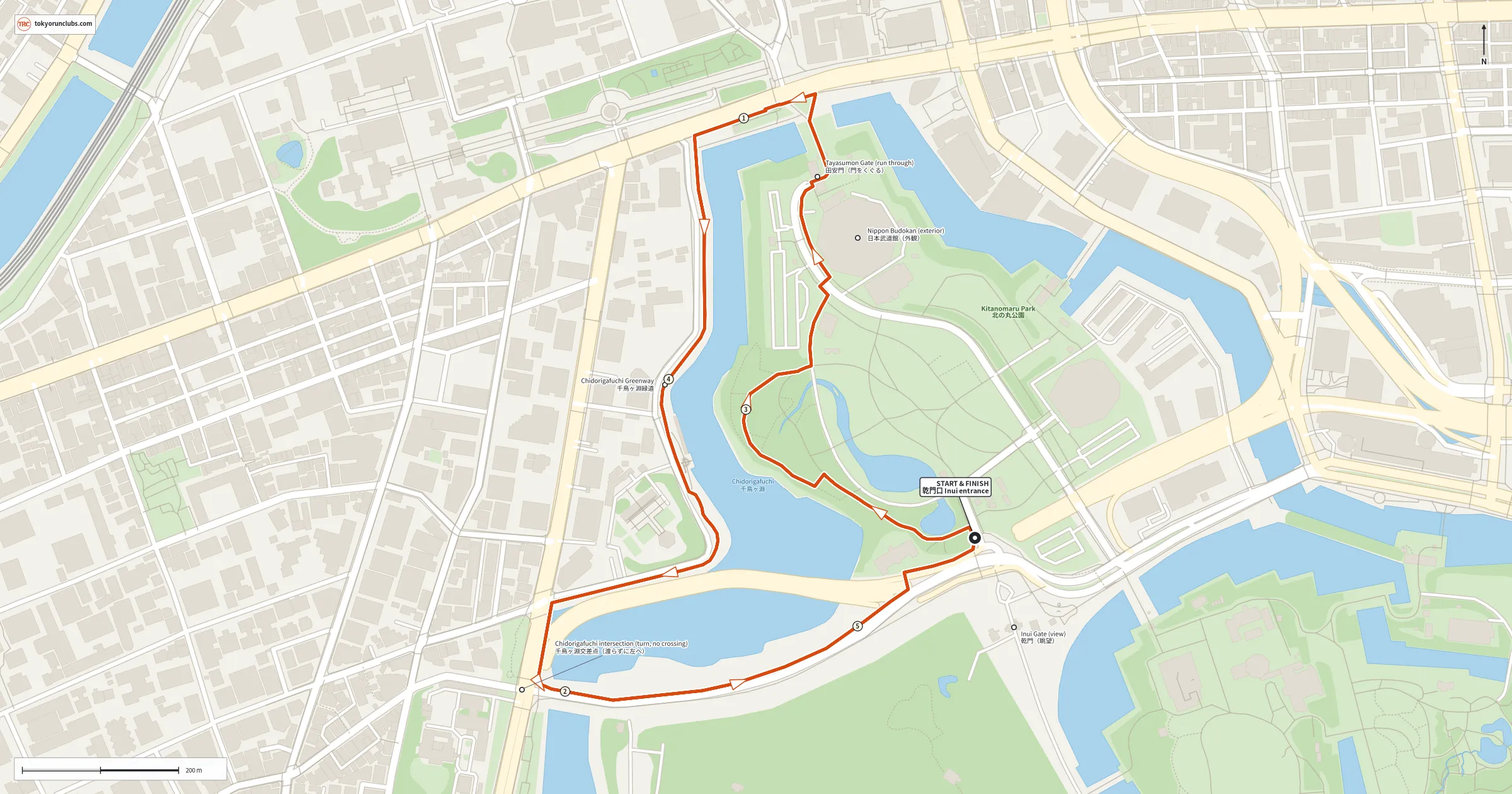 Map of a 5K route of two laps from Kitanomaru Park's Inui entrance, past the Nippon Budokan and through Tayasumon, then back along the Chidorigafuchi Greenway, with kilometer markers 1 to 5.