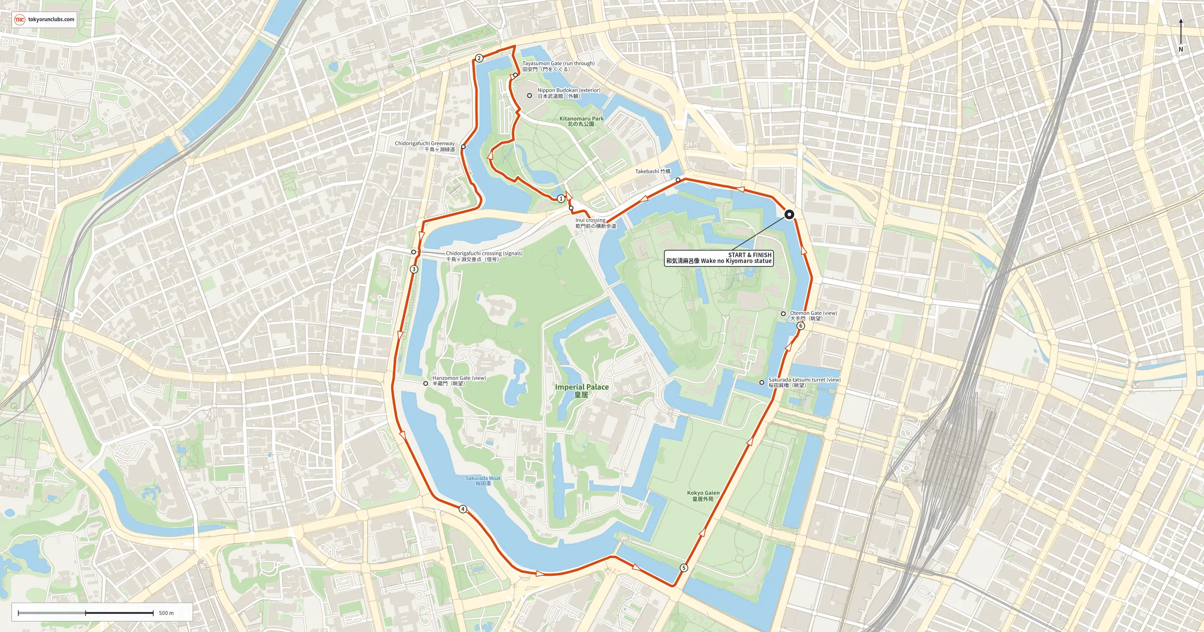Map of a 6.4 km counterclockwise loop from the Wake no Kiyomaro statue at Takebashi, through Kitanomaru Park and Tayasumon, along the Chidorigafuchi Greenway and back around the palace moats, with kilometer markers 1 to 6.