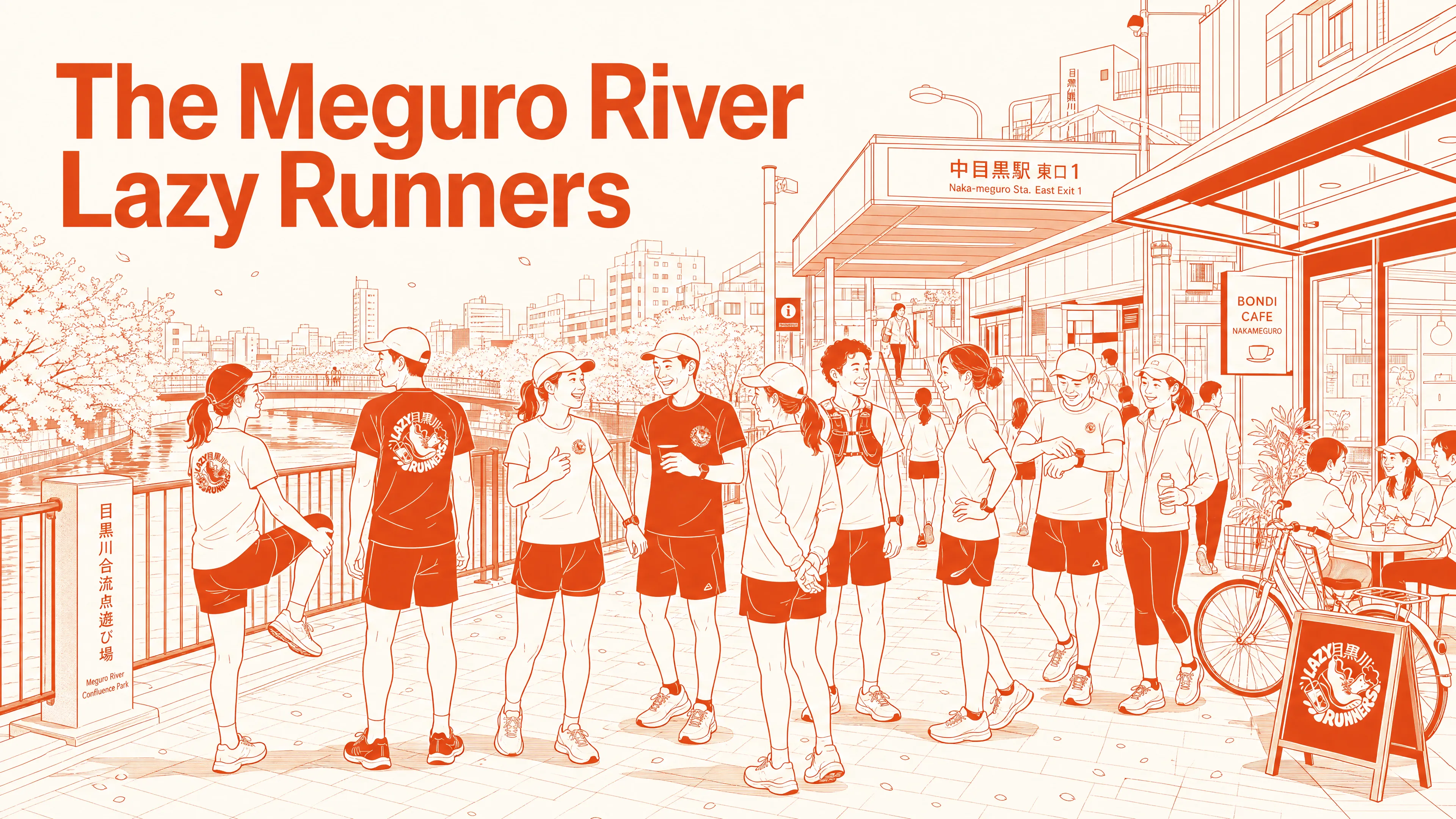 東京・中目黒駅東口1番出口付近に集まるMeguro River Lazy Runnersのメンバーが、毎週火曜夜の5kmリバーランに参加する様子のイラスト。