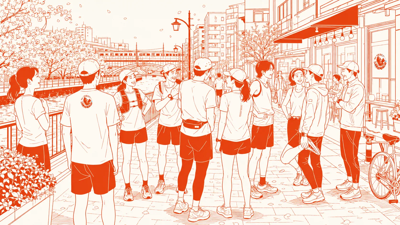 東京・中目黒駅東口1番出口付近に集まるMeguro River Lazy Runnersのメンバーが、毎週火曜夜の5kmリバーランに参加する様子のイラスト。