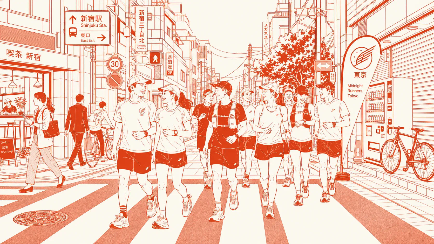 Illustration of Midnight Runners Tokyo members gathered in central Tokyo with Tokyo Tower in the background, preparing for a weekly Thursday evening bootcamp run.