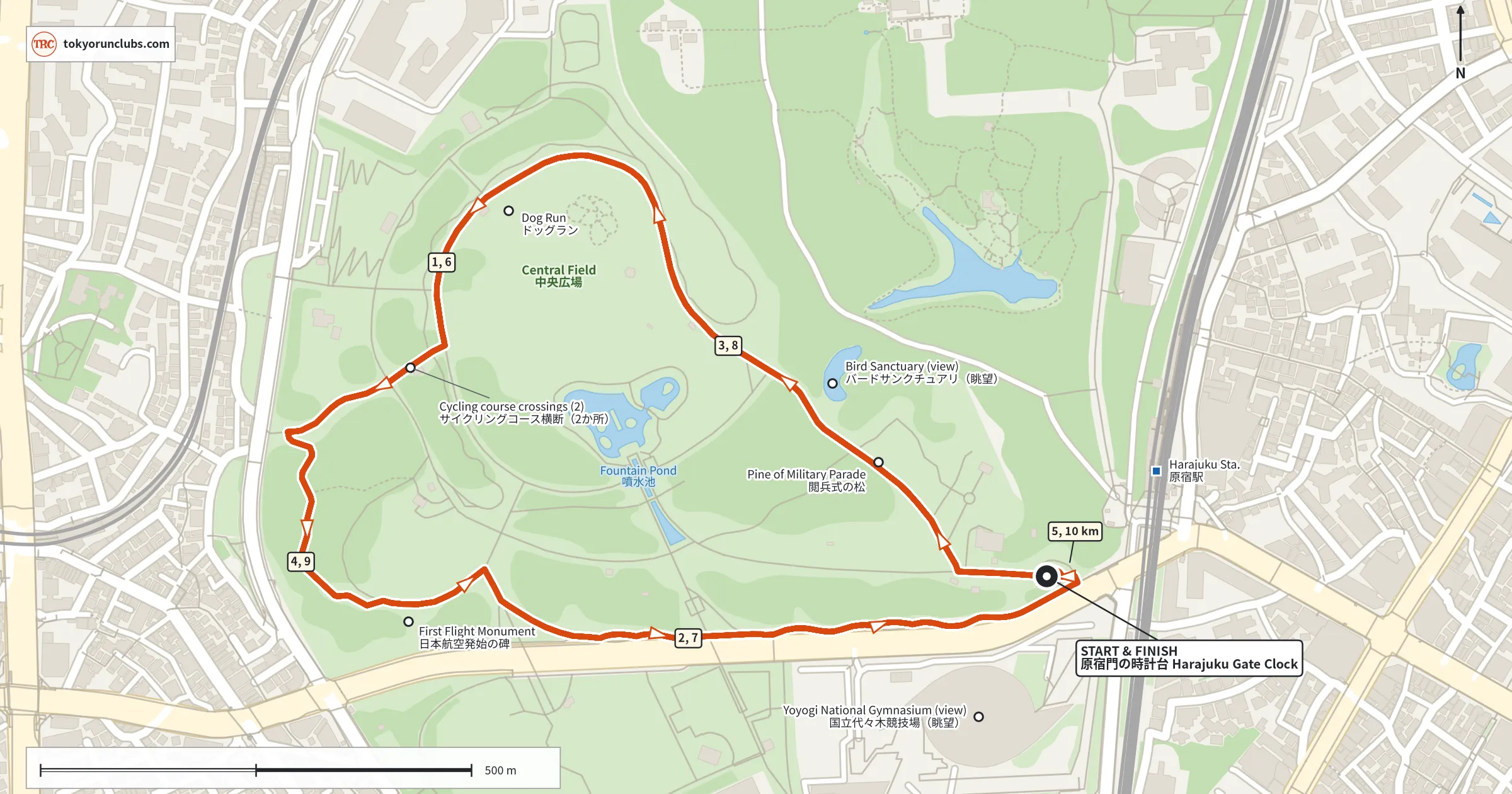Map of a 10K route of four counterclockwise laps around Yoyogi Park's Central Field and western woods from the Harajuku Gate clock, with kilometer markers 1 to 10.
