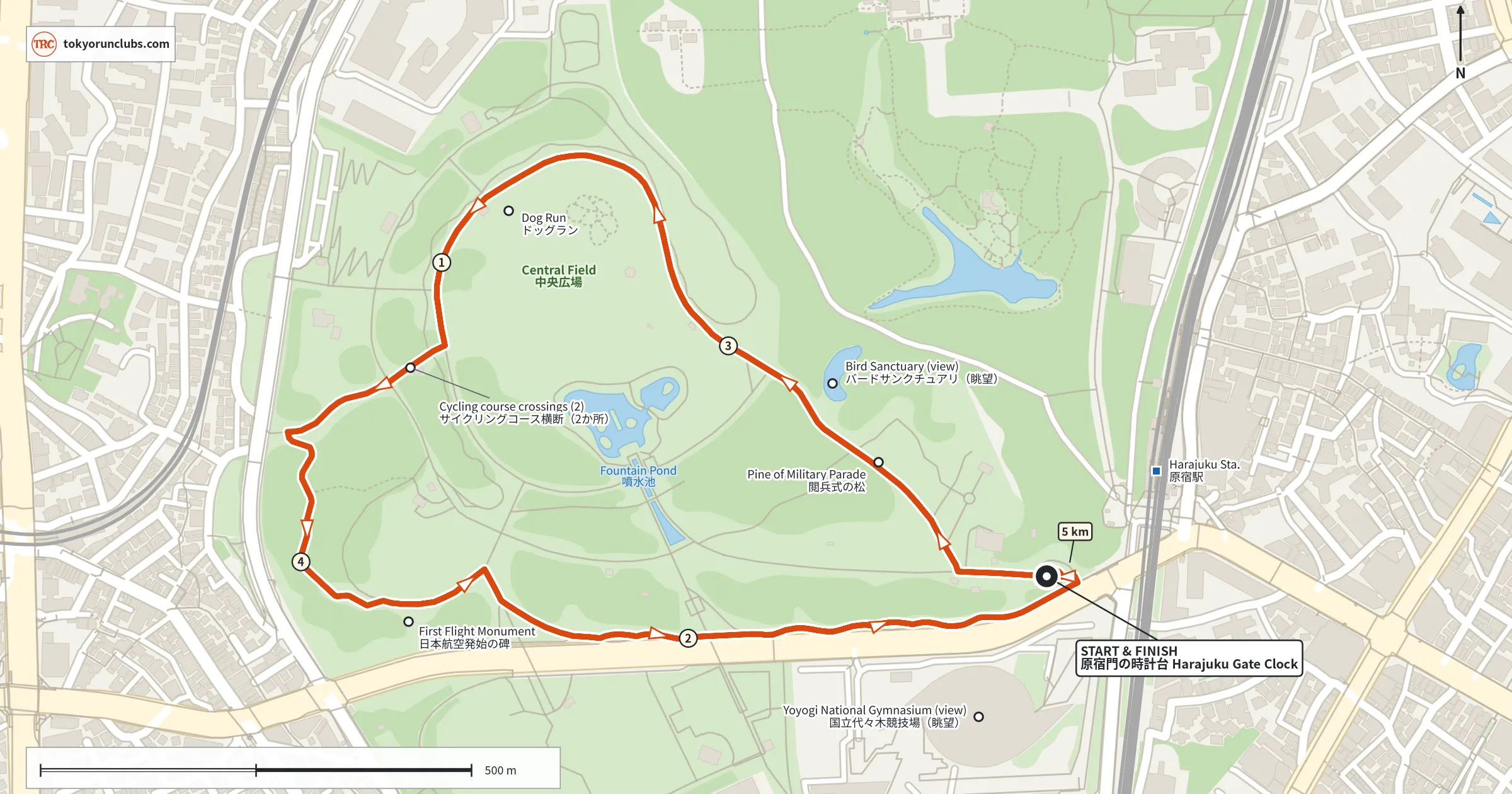 Map of a 5K route of two counterclockwise laps around Yoyogi Park's Central Field and western woods from the Harajuku Gate clock, with kilometer markers 1 to 4.