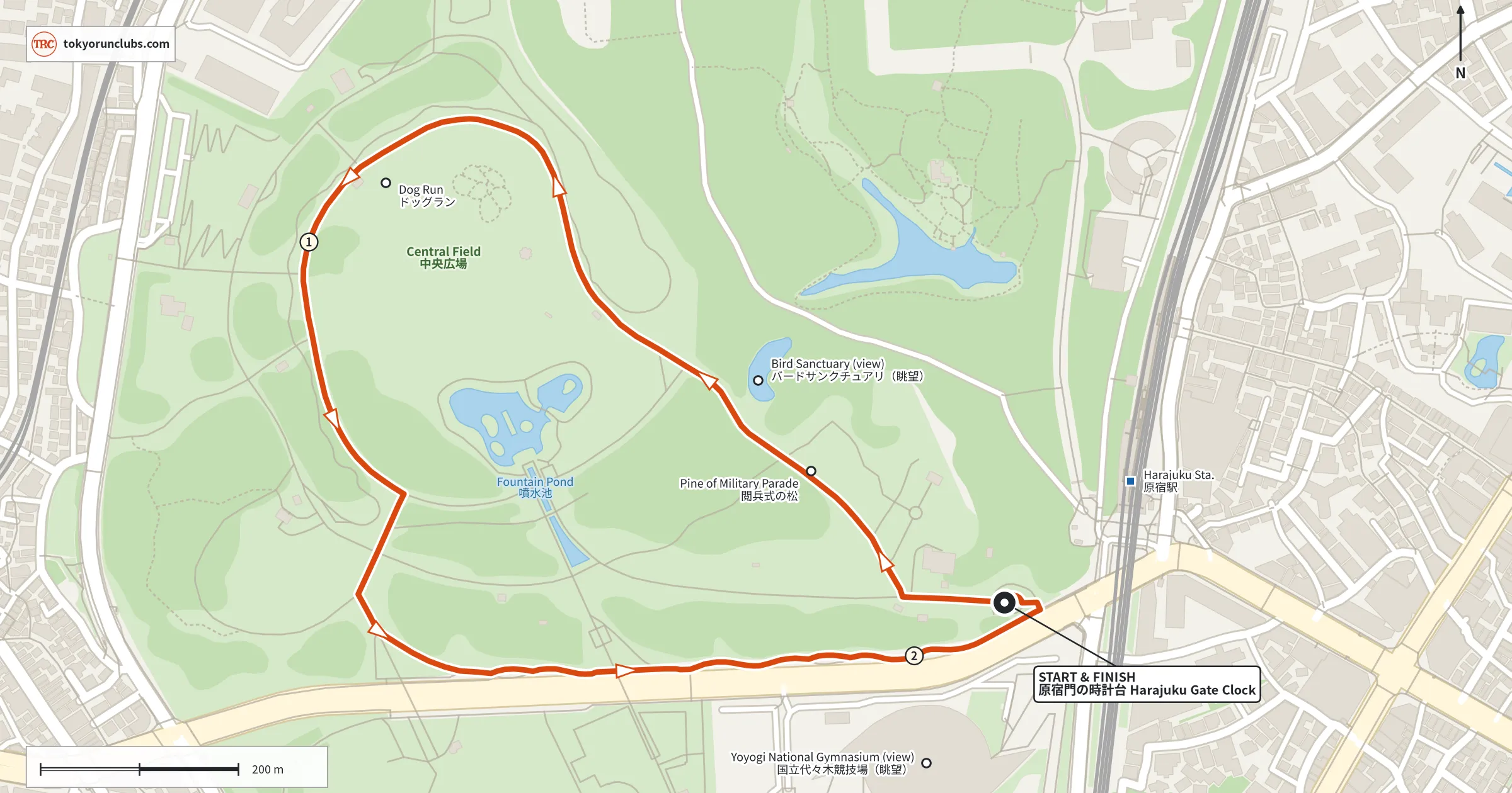 Map of a counterclockwise loop around Yoyogi Park's Central Field from the Harajuku Gate clock, with kilometer markers 1 and 2.
